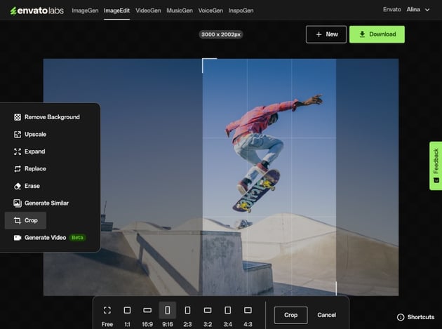 Selecting ratio to crop an image using Envato AI ImageEdit
