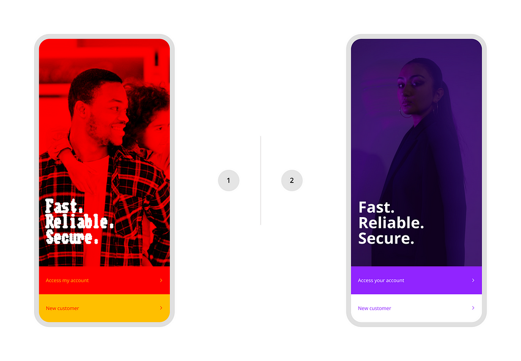 Contrast of two mobile login UIs: A jarring red version on the left versus a professional purple version on the right.