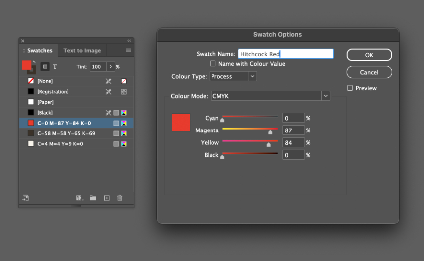swatches panel red color cmyk
