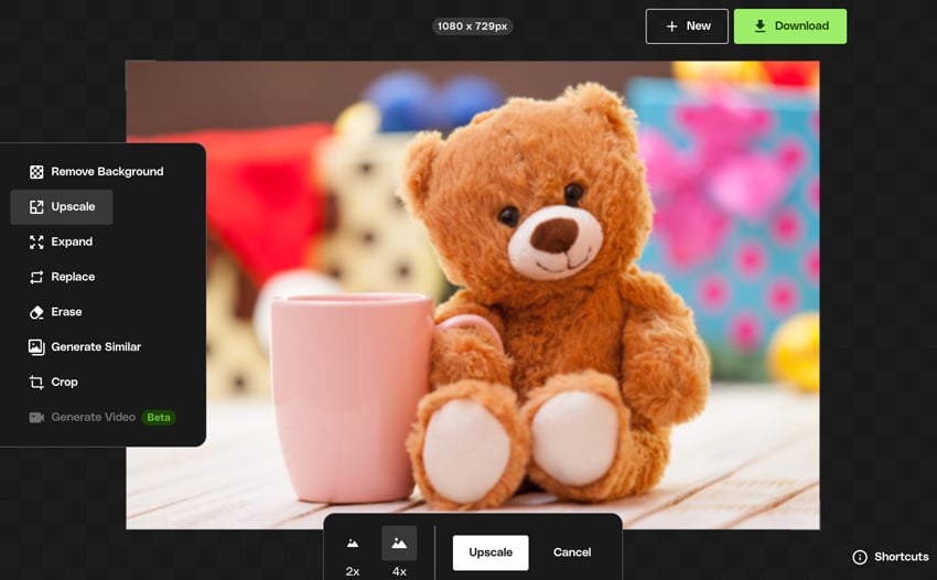 select the Upscale option of 2x or 4x from editing tools panel