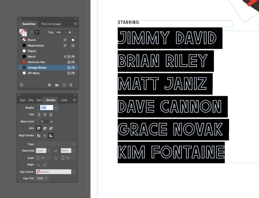 cast names outlined text