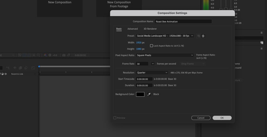 new composition creation settings in After Effects