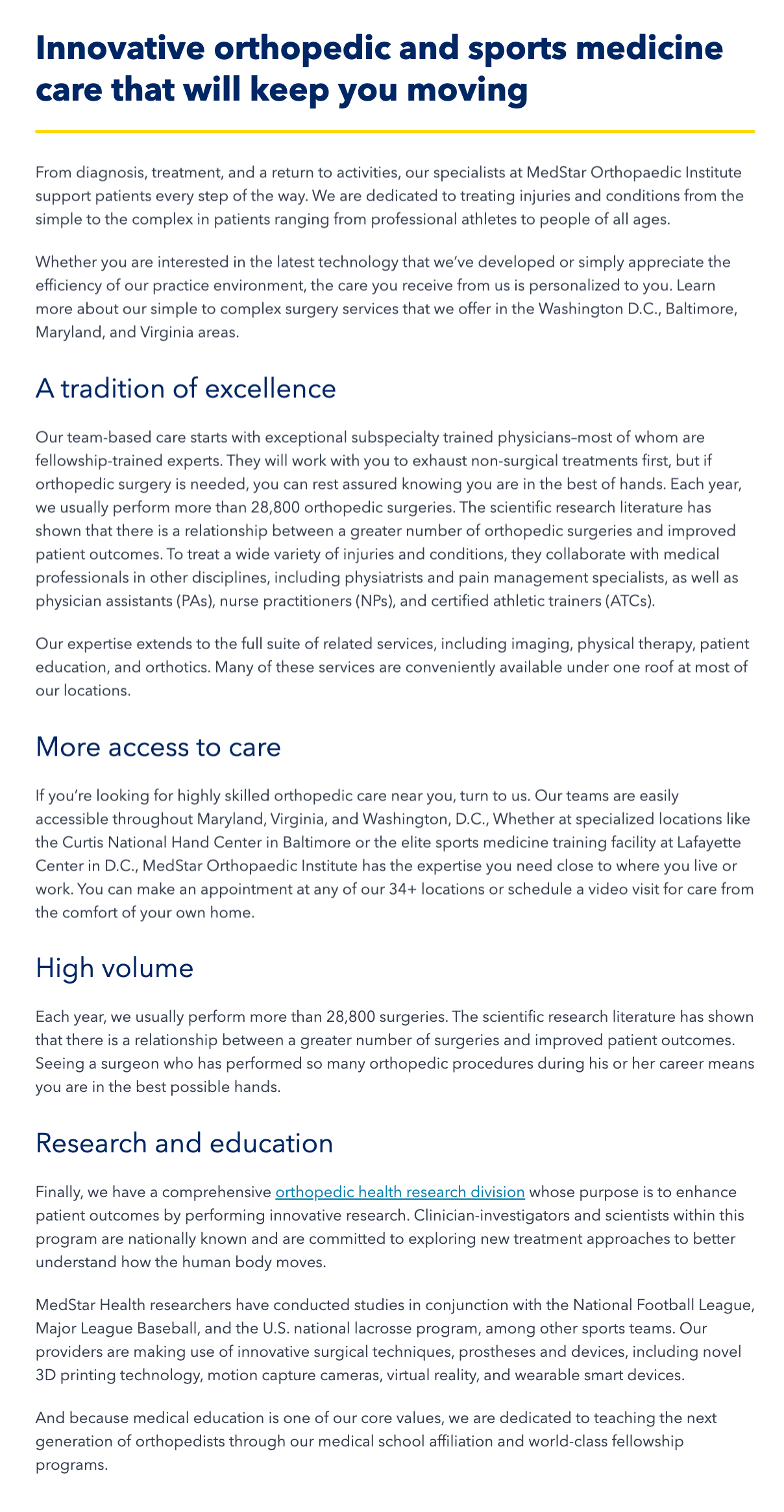 A multi paragraph page describing a hospital system's history of treating orthopedic conditions, what sets them apart, and their continued research.