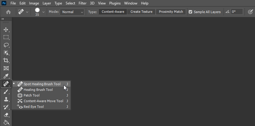 select spot healing brush in Photoshop