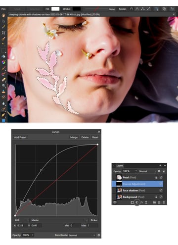 Remove a shadow on a face from a photo: apply curves to brighten the shadow.