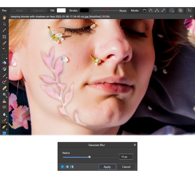 Remove a shadow on a face from a photo: apply blur to shadow selection.