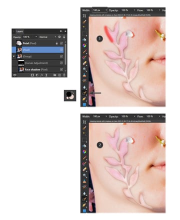 Remove a shadow on a face from a photo: use the Inpainting brush tool.