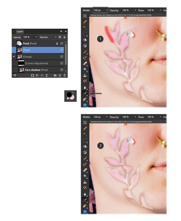 Remove a shadow on a face from a photo: use the Inpainting brush tool.