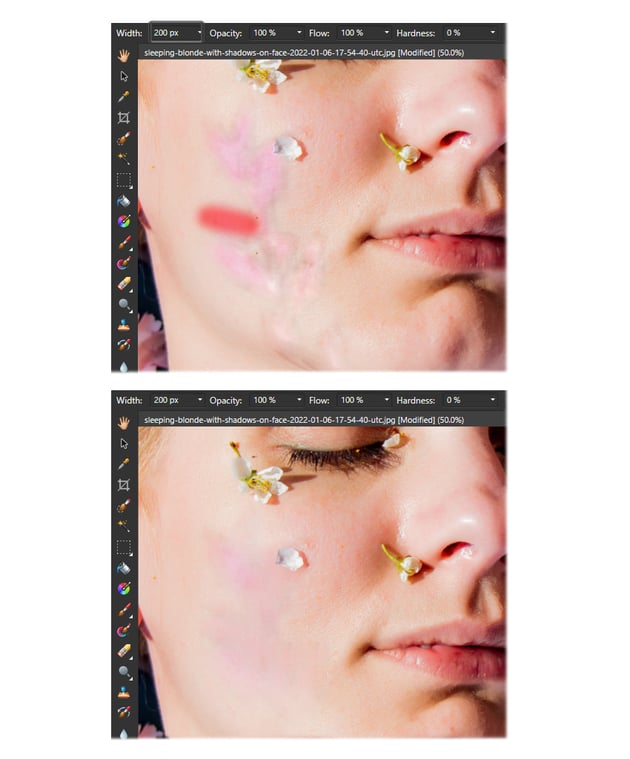 Remove shadow on a photo: increase size of inpainting brush tool.