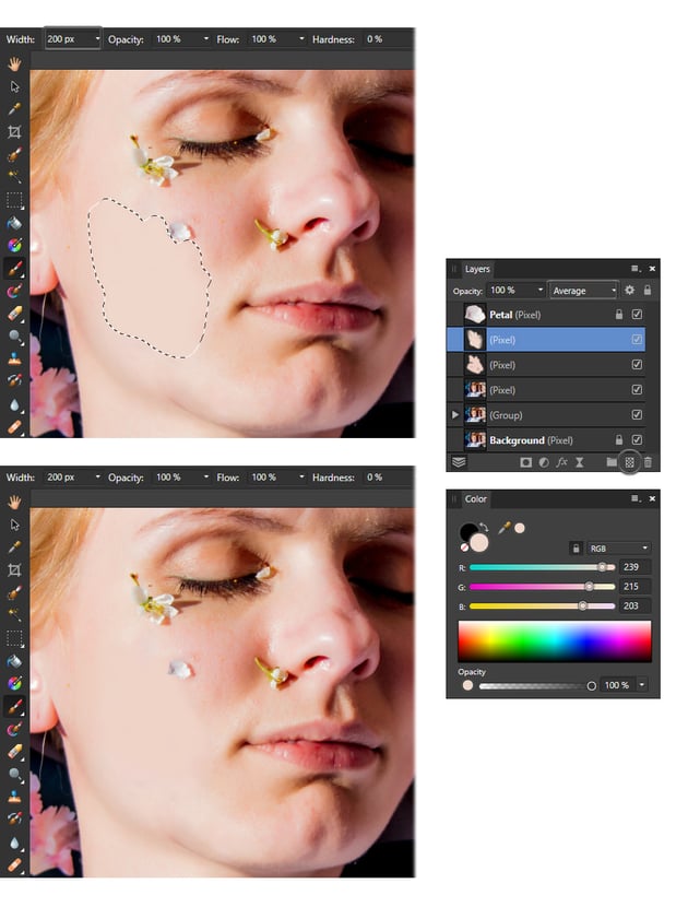 Remove a shadow on a face from a photo: use the Paint brush tool.