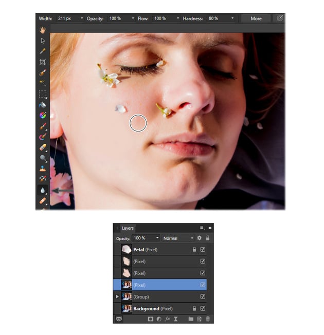 How to take shadows out of pictures: use the Blur brush to smooth skin texture.