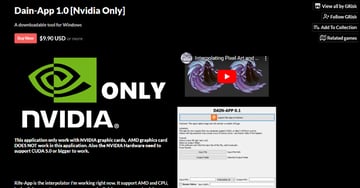 Dain App site image: Specializing in AI video frame interpolation.