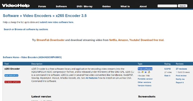 Website snapshot of x265 Video Encoder with AI frame interpolation plugin.