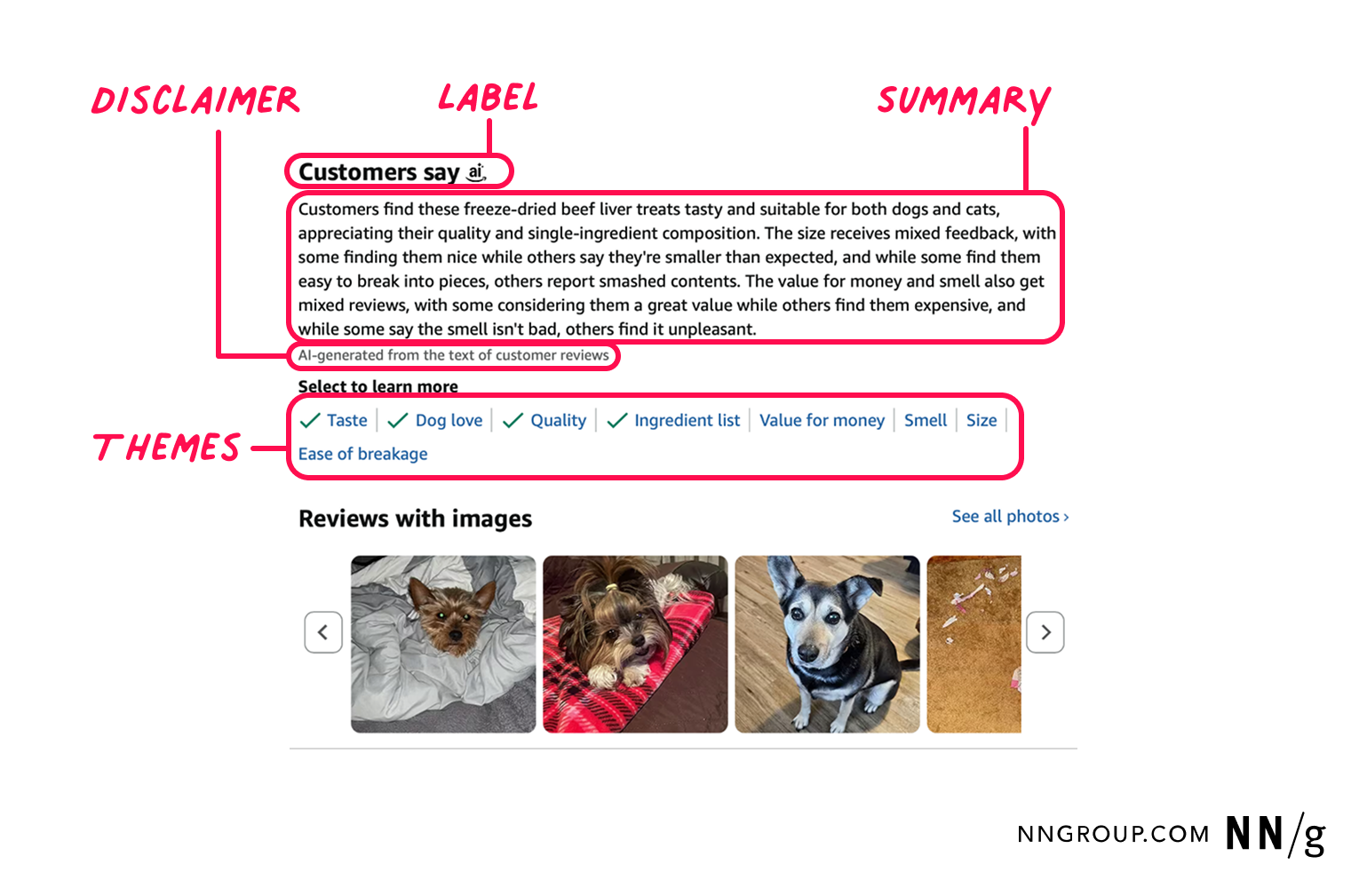 Annotated Amazon review section: “Customers say” AI summary of findings, disclaimer, theme tags (Taste, Quality, etc.), and a carousel of review images.