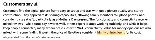 AI-generated summary of digital picture frame reviews, highlighting ease of use, mixed feedback on connectivity, and the phrase "highly unintelligent."