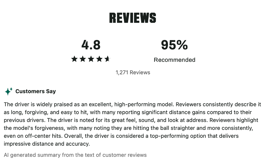 AI-generated review summary highlights high ratings (4.8 stars, 95% recommended), noting the driver’s distance, forgiveness, and performance on off-center hits.