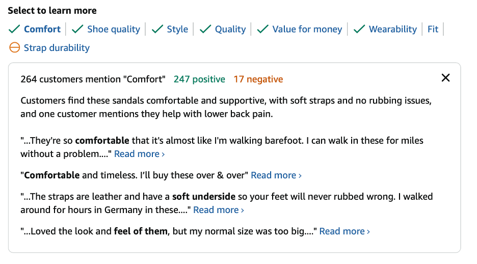 Comfort tag breakdown showing 264 mentions (247 positive, 17 negative); summary highlights soft straps, no rubbing, and support. Includes quoted customer snippets.