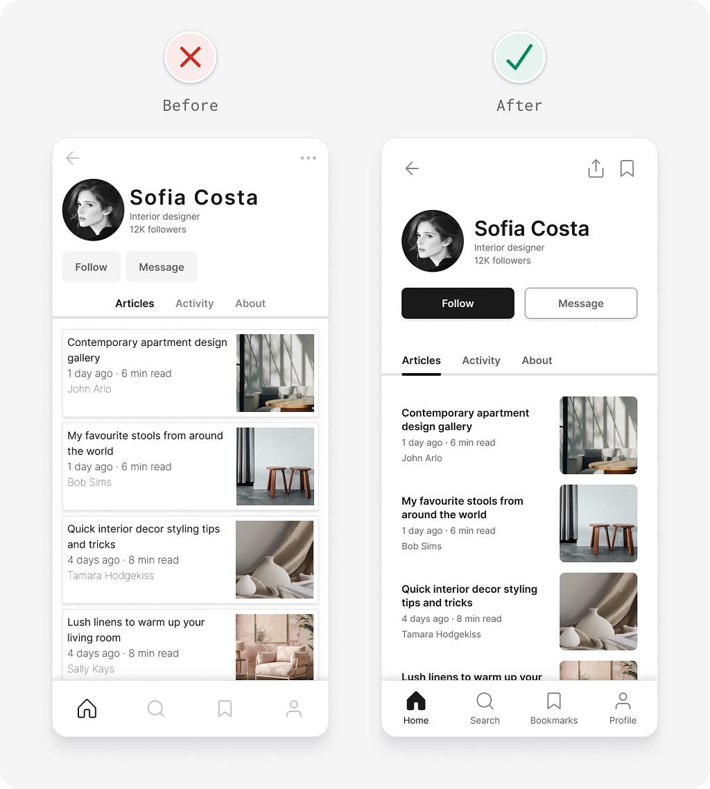 UI design tips before and after example of a community blogging platform