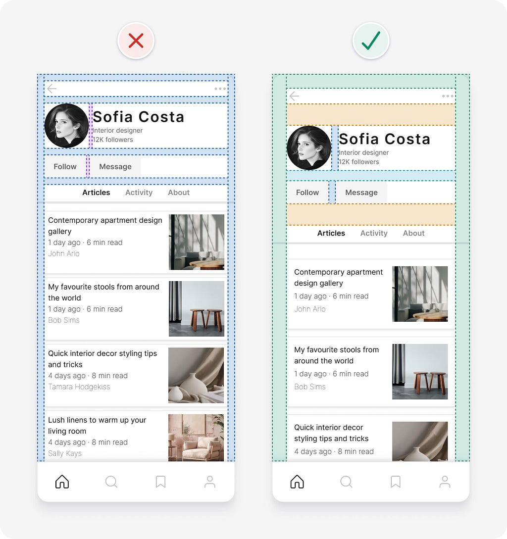 UI design examples with spacing highlighted