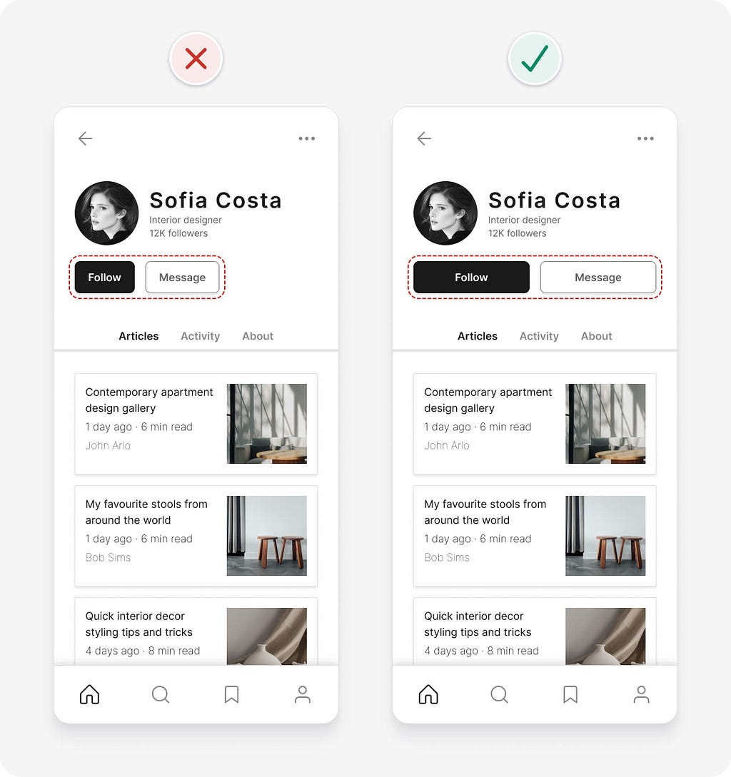 UI design tips example with buttons with sufficient target size