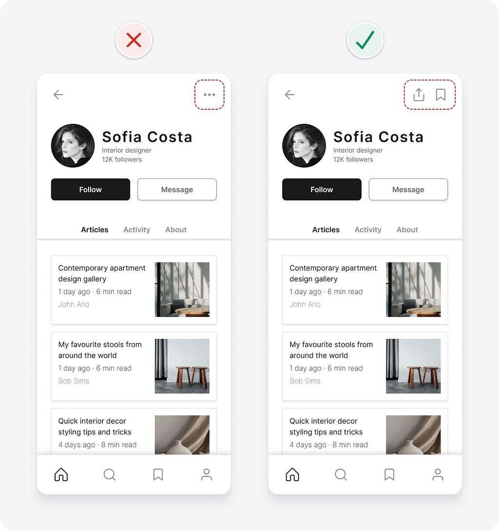 UI design tips example with hidden actions behind icon being made visible