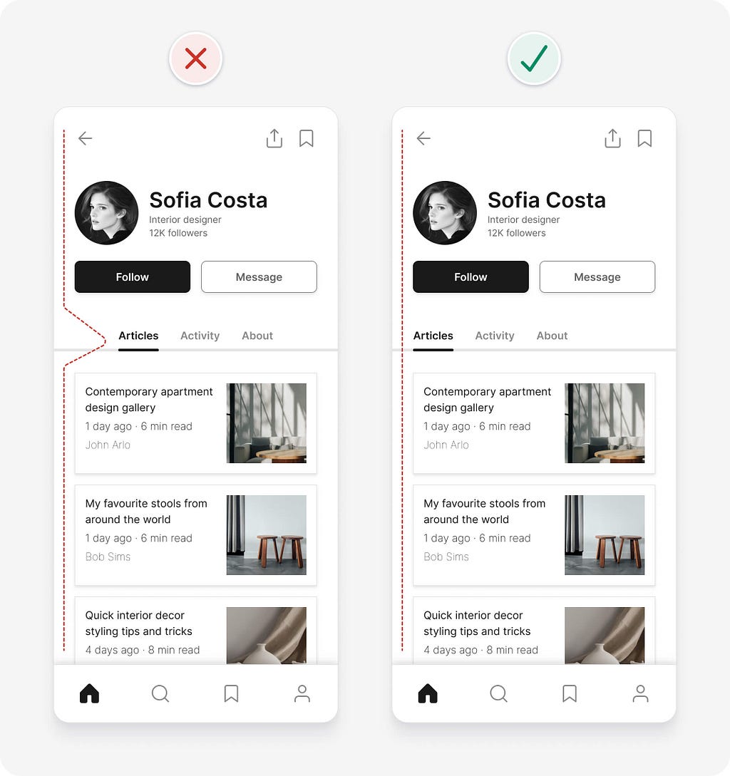 UI design tips example applying consistent left alignment to elements to avoid multiple different alignments