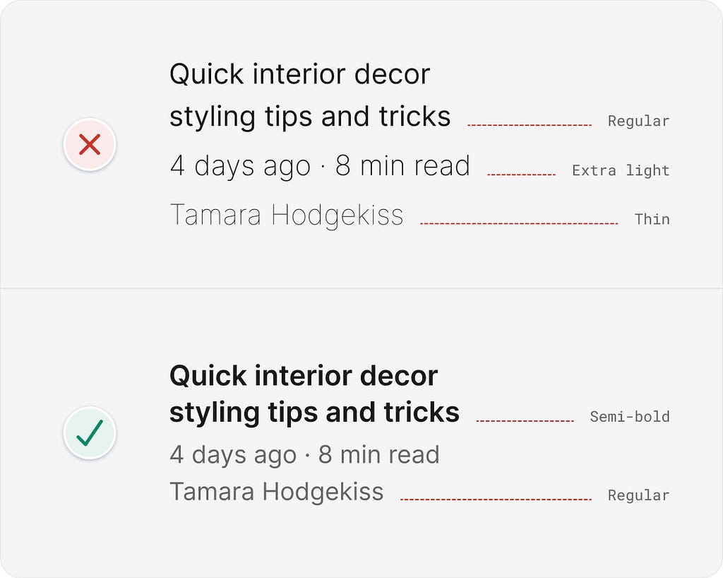 UI design tips example with 3 font weights reduced to 2