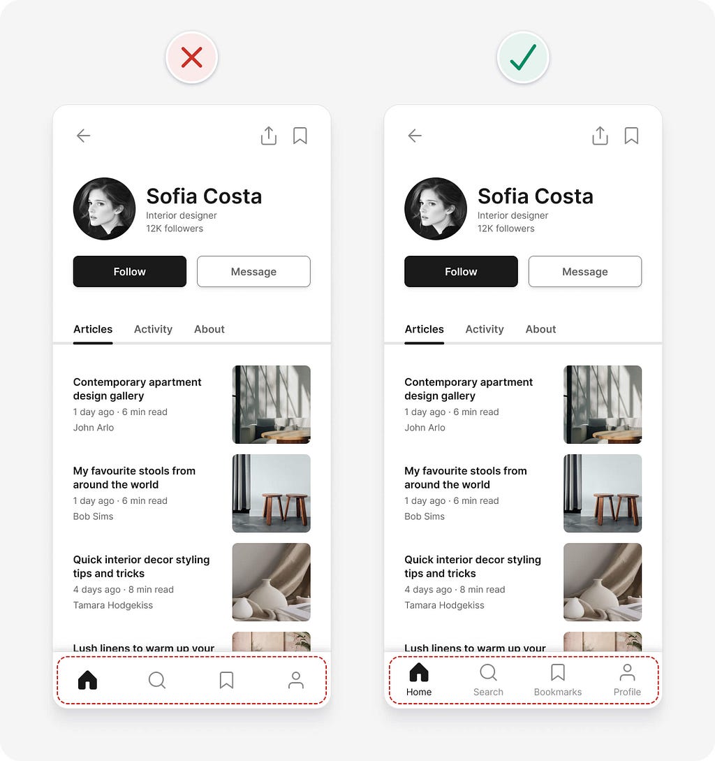 UI design tips example where text labels are added to icons in bottom navigation
