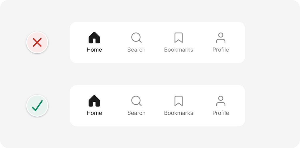 Balancing the weight of icon and text pairs in a bottom navigation component by darkening the text