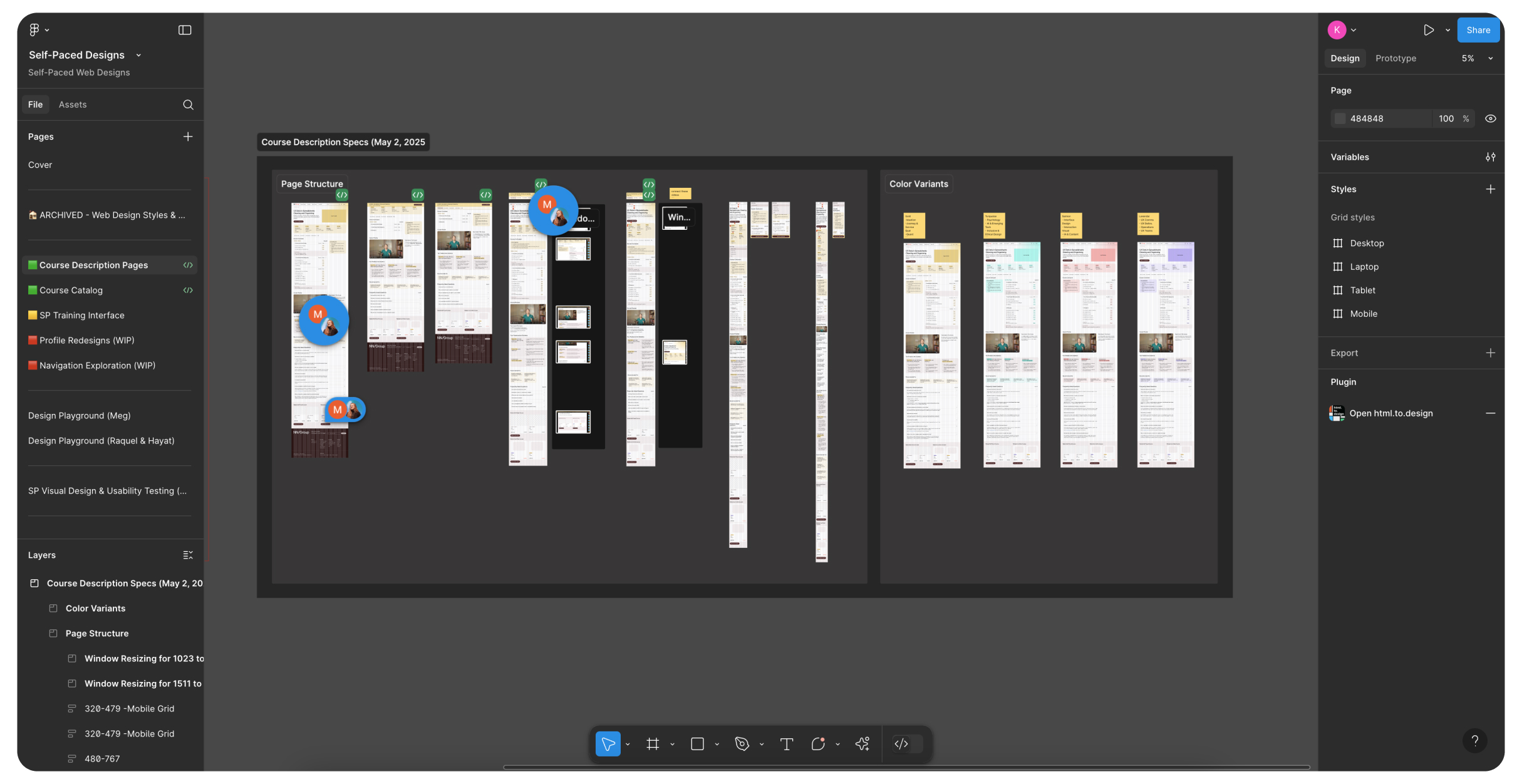 Figma file showing webpage spec with page structure, color variants, and readiness indicators for developers in green, yellow, and red.