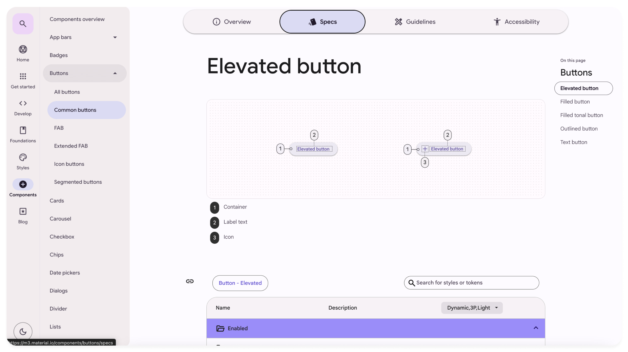 Material Design webpage showing specs for an elevated button, with labeled parts, button states, and navigation for other button types.