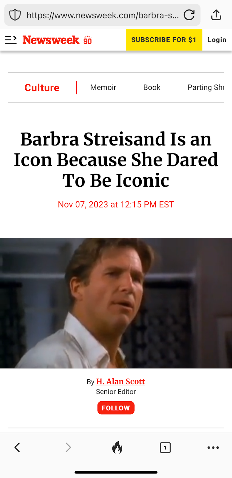 Newsweek UI where the menu is represented by 3 horizontal lines with a right facing arrow.
