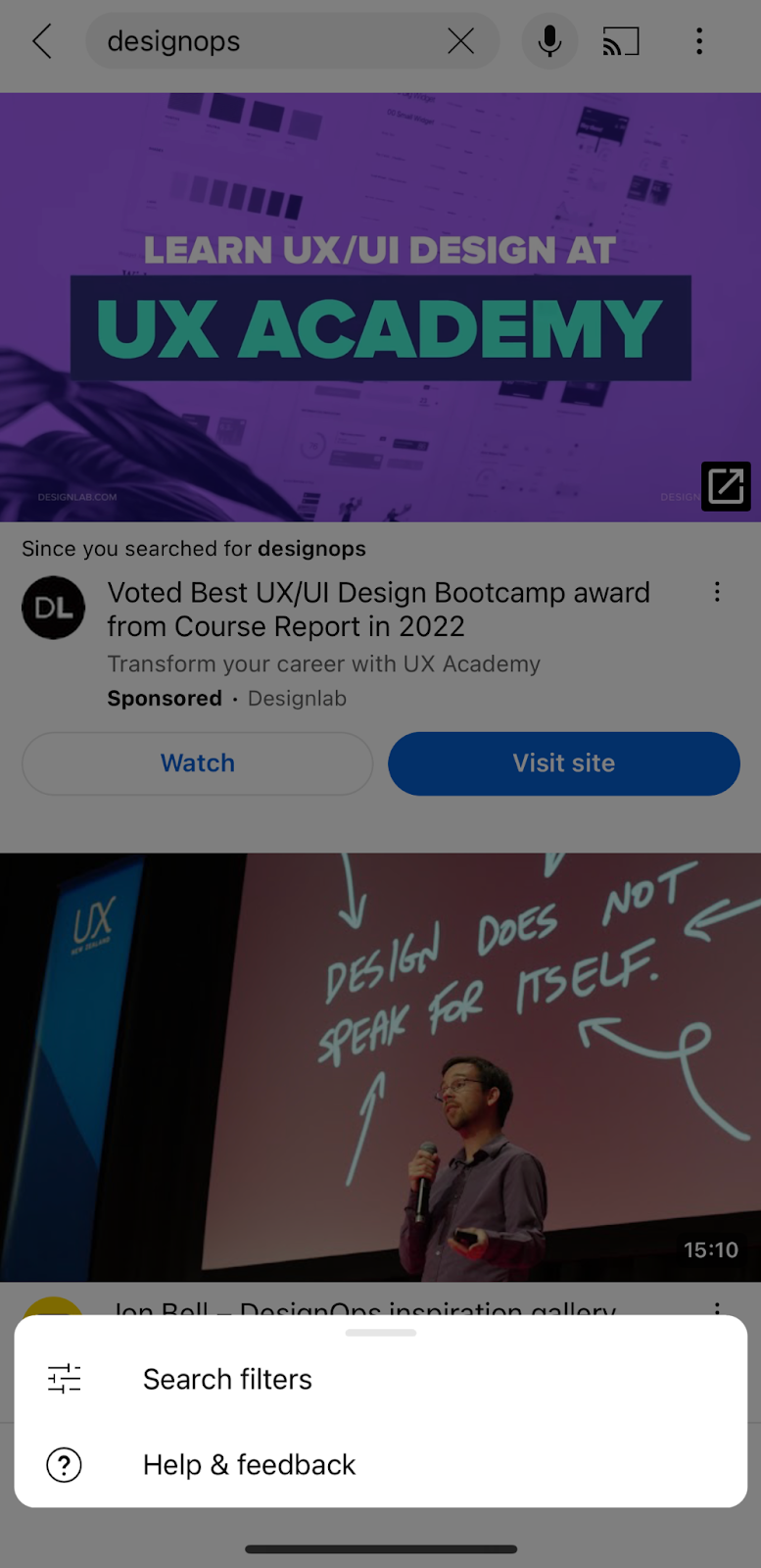 Screenshot of Youtube's UI. One selection shows 3 lines with perpendicular dashes and the label "Search filters".
