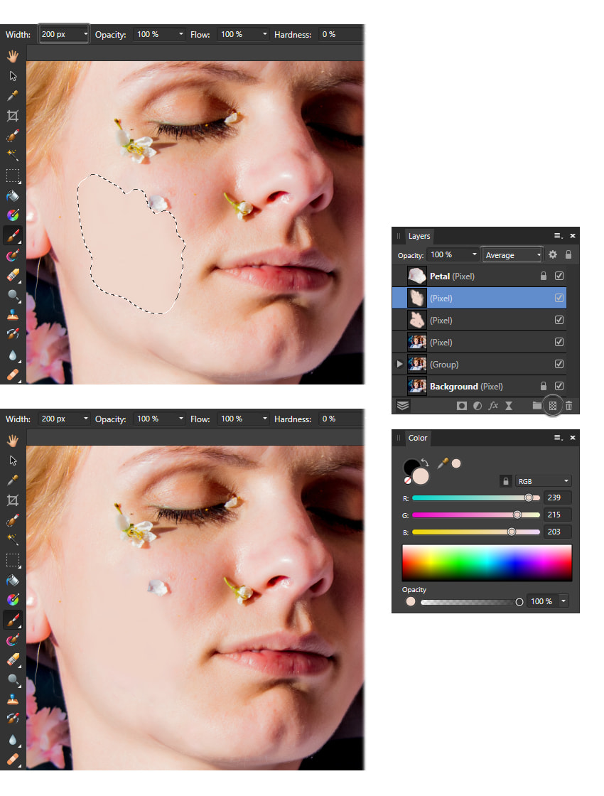 Remove a shadow on a face from a photo: use the Paint brush tool.