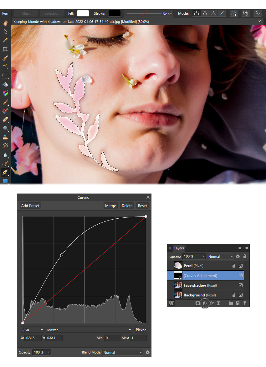 Remove a shadow on a face from a photo: apply curves to brighten the shadow.