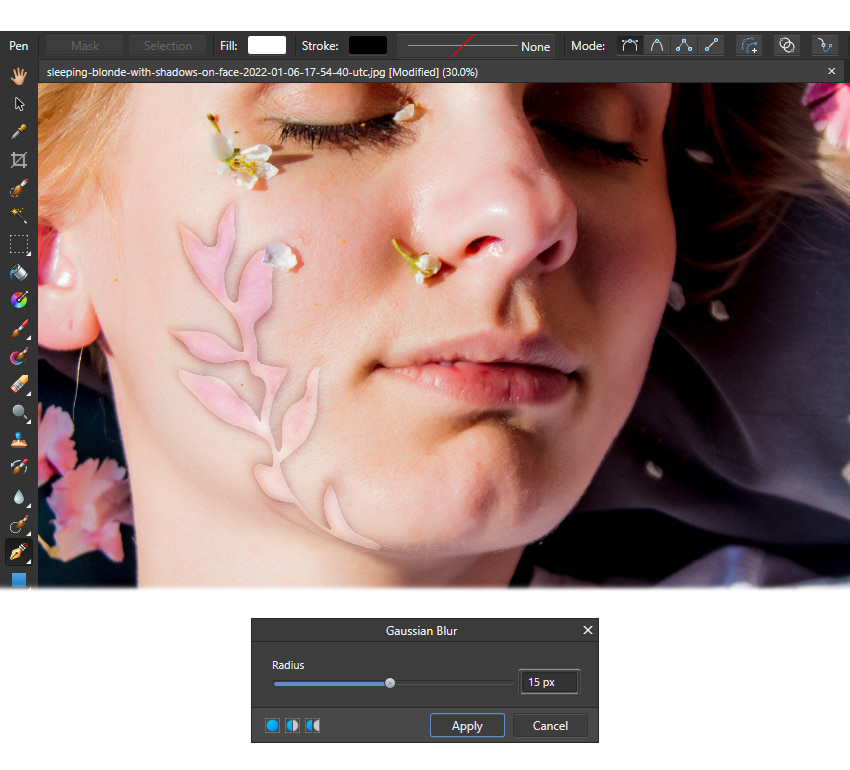 Remove a shadow on a face from a photo: apply blur to shadow selection.