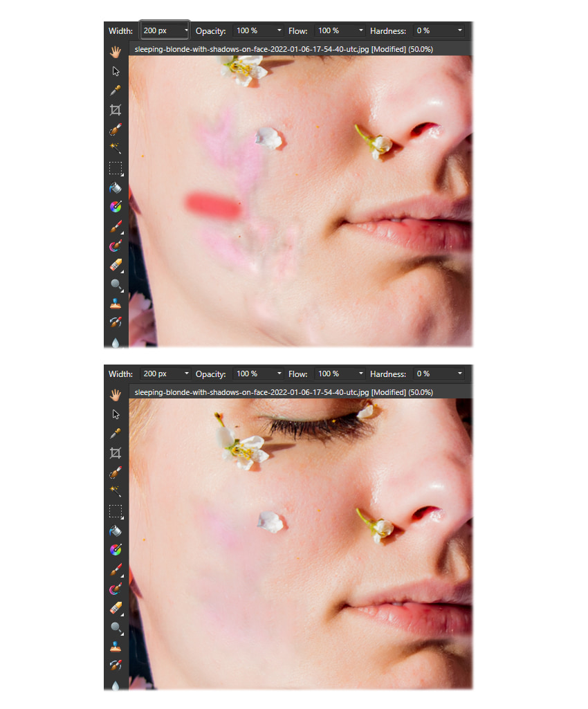 Remove shadow on a photo: increase size of inpainting brush tool.