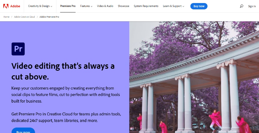 Adobe Premiere Pro site preview: Advanced AI frame interpolation featured.