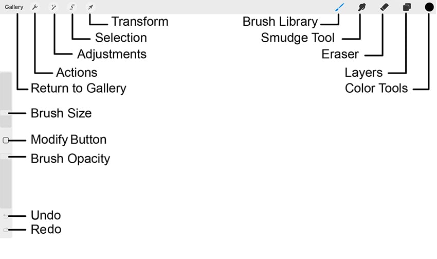 Preview of Procreate interface elements and actions