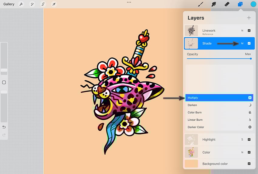 Use blend Modes to blend layers together in Procreate
