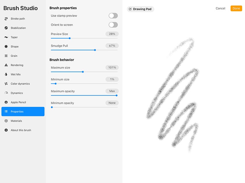 Brush customization from Brush panel options menu