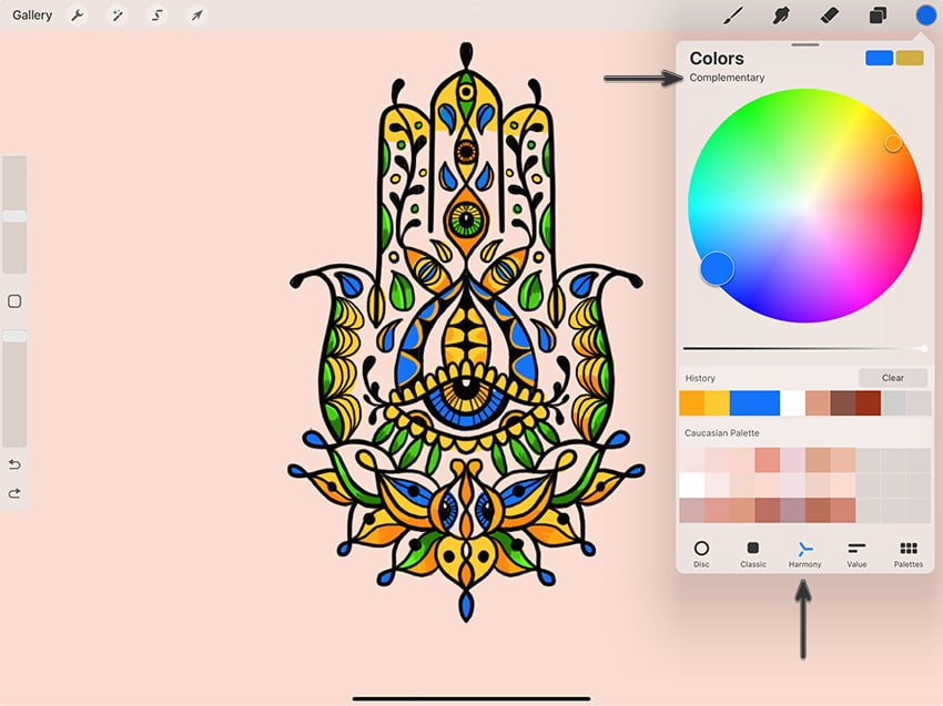 Using Harmony in color panel to choose colors