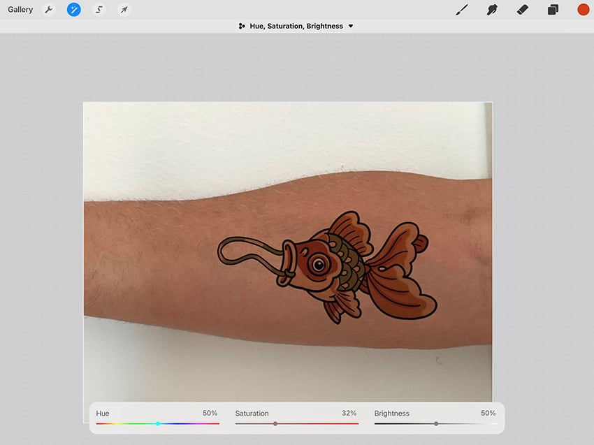 reduce saturation to mimic aging tattoo colors