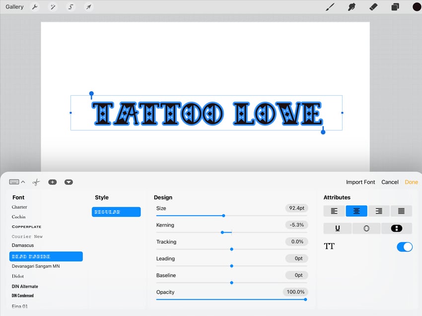 customize text in Procreate using edit style panel