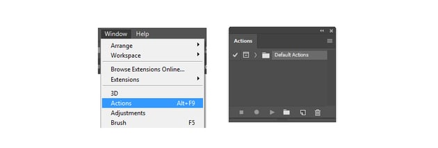 How to access the Actions panel to bulk resize in Photoshop.