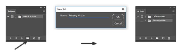 Creating a New Action Set to mass resize images in Photoshop.