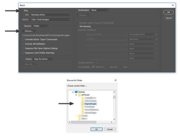 Play the action under the Batch settings to bulk resize in Photoshop.