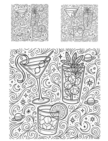 prompt 2 floating cocktail glasses on celestial background ai generated coloring page