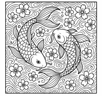 koi and cherry blossom adult coloring page ai generated