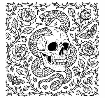 adult coloring page of serpents and skull motif, ai generated thru envato GraphicsGen